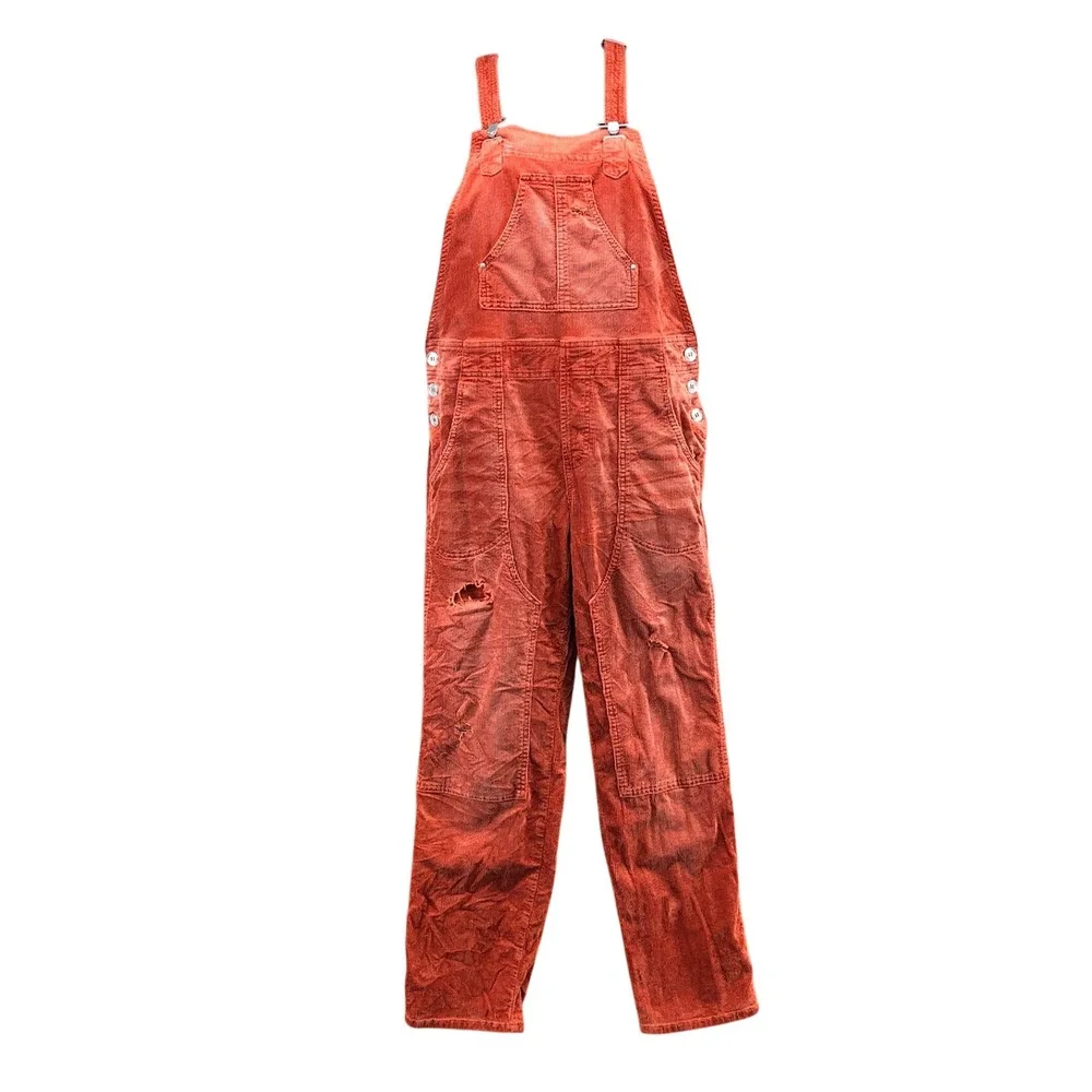 Anthropologie The Wanderer Overall Womens 28 Rust Orange Corduroy Distressed
